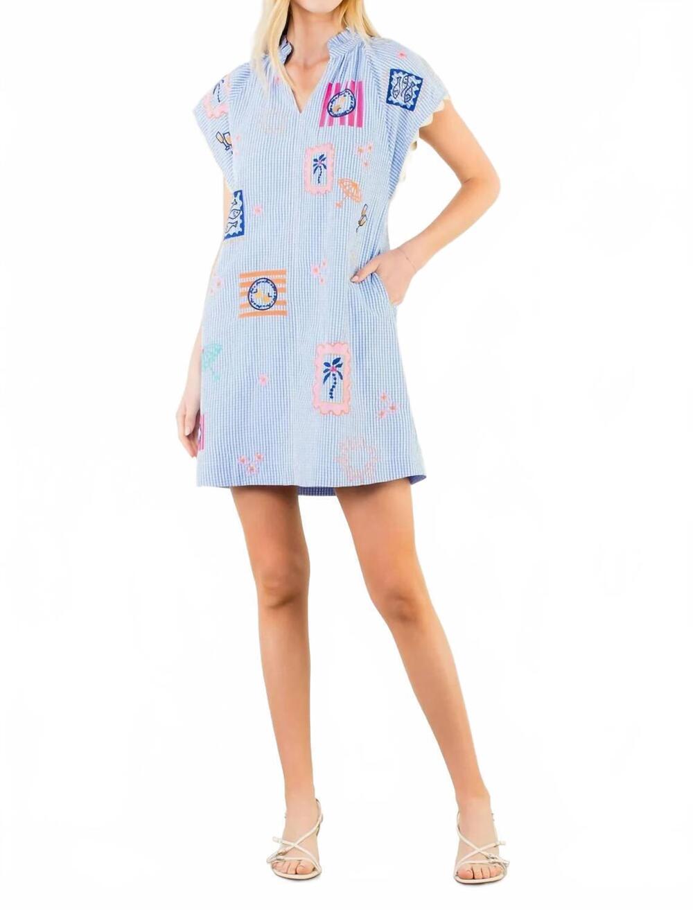 NEW THML coastal stitch mini dress in blue gingham